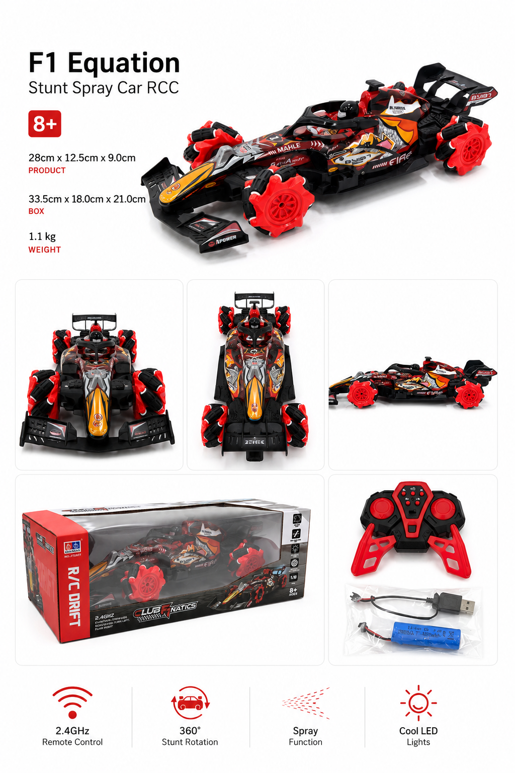 F1 Equation Stunt Spray RC Car | 360° Drift Racing Car with LED Lights