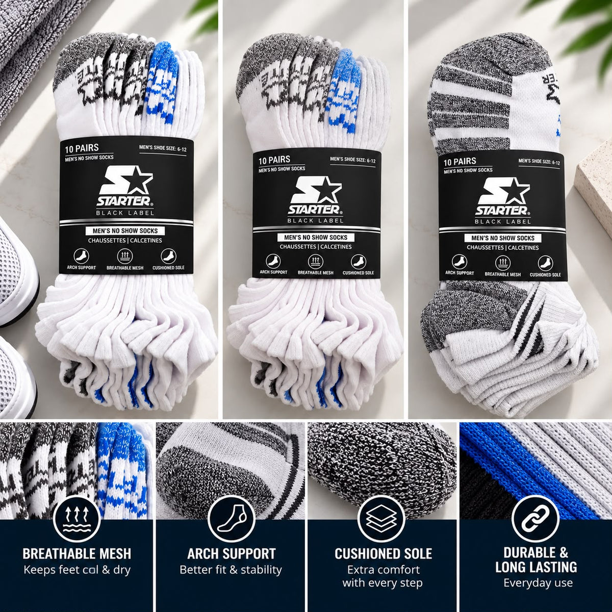 Men’s Sports No-Show Socks – 10 Pack | Size 6-12