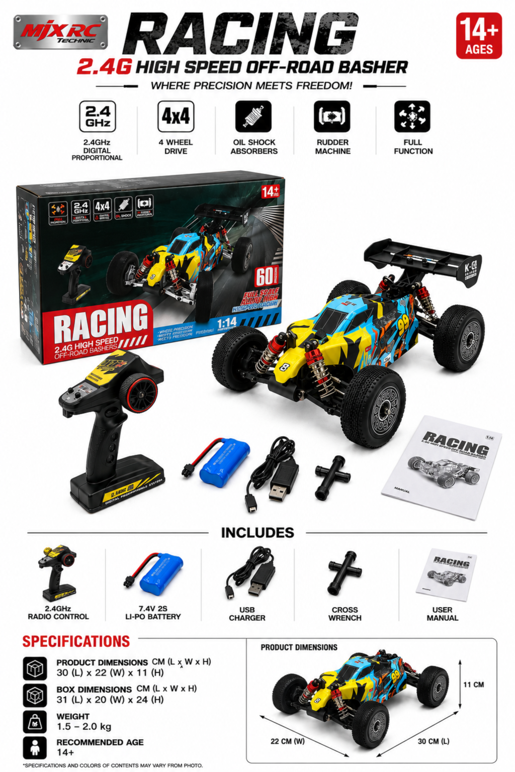 MJXRC 2.4GHz 4WD High-Speed Off-Road RC Racing Buggy – 1:14 Scale | 14+